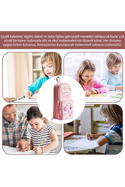 Ally Büyük Kapasiteli Tuval Kalem Çantası Kızlar Için Kılıf Tutucu Kutusu Kalemlik Pembe