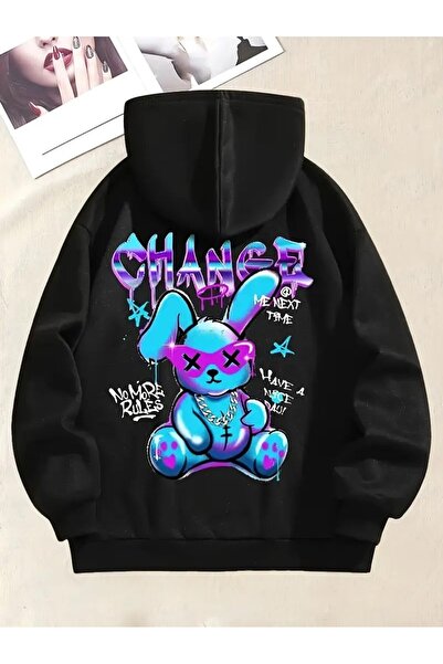 LAND MODA Hanorac cu glugă unisex, colorat, cu imprimeu cu iepure de desene a...