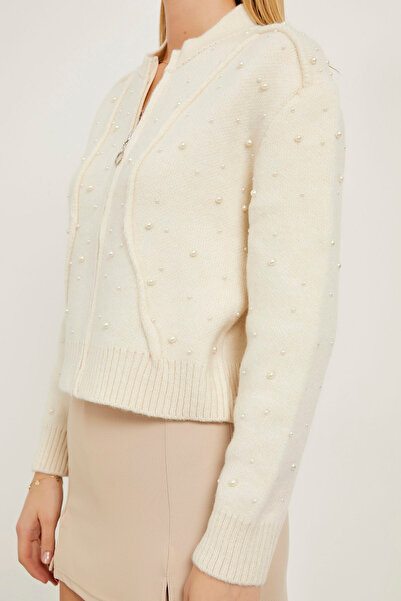 Arma Life Women's Patterned Zippered Cream Loose Knit Cardigan