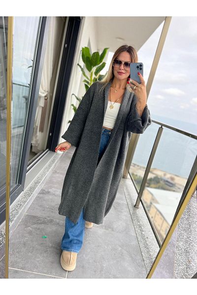 Askı Nişantaşı Women's Shawl Collar Oversize Anthracite Long Cardigan