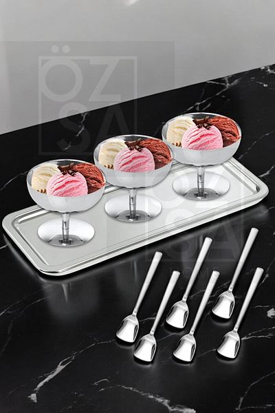ÖzSa Home Steel Ice Cream Set - 10 Pieces with Stand and Dessert Bowl