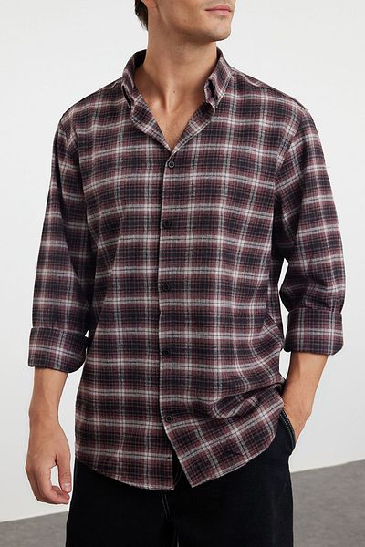 Edit by Trendyol Burgunderfarbenes Unisex-Holzfällerhemd mit Karomuster für den Winter – normale Passform TMNAW25GO00007