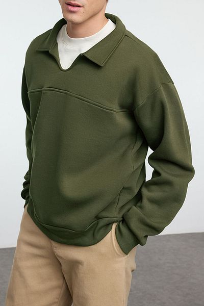Edit by Trendyol Khaki Polo límec Oversize mikina - fleece uvnitř