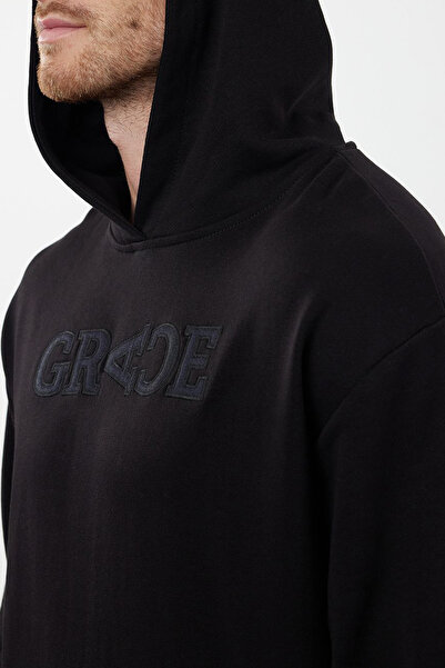 Trendyol Collection Unisex Black Oversize Denim Sweatshirt - Hooded, Patch, Slogan Tmnaw25Sw00140