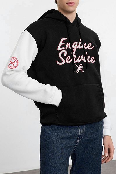 Edit by Trendyol Color Blocked Embroidered Black Oversize Hooded Sweatshirt - Tmnaw25Sw00044