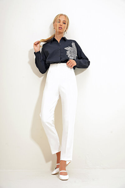 Trend Alaçatı Stili High Waist White Women's Trousers - Classic Woven with Dart