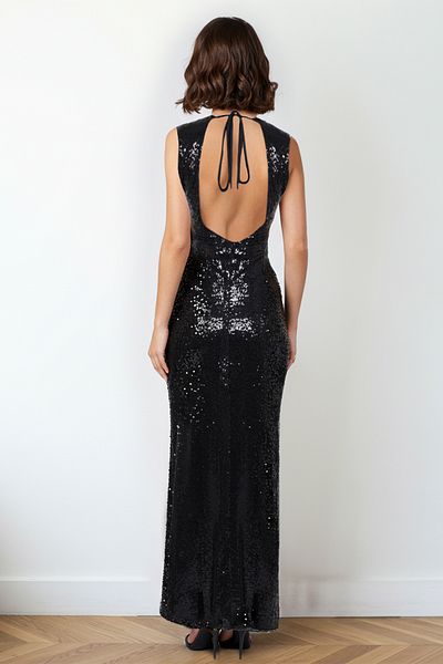 Trendyol Collection Czarna dzianinowa długa stylowa sukienka wieczorowa z cekinowym detalem z tyłu, Tprss25Ae00003