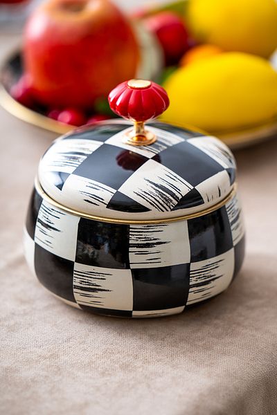 ACAR Qualita King Checkerboard Decor Enameled Candy Bowl with Lid