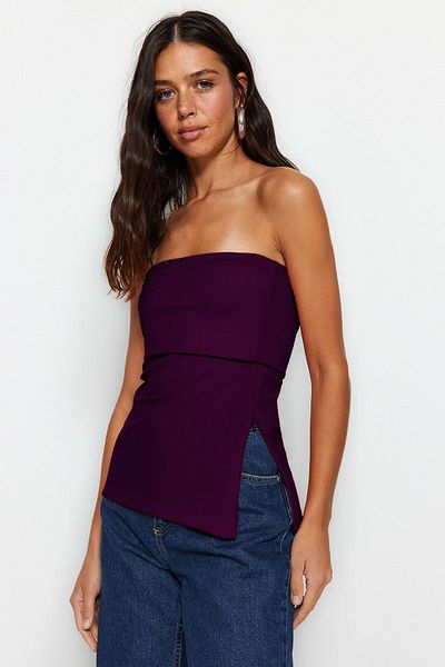 Trendyol Collection Στράπλες κρεπ μπλούζα - δαμάσκηνο, φερμουάρ στο πλάι, πλεκτό, TWOSS23BZ00928