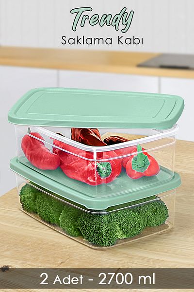 Meleni Home 2700ml Green Food Storage Organizer - Rectangular & Microwavable Organizer, 2 Pieces