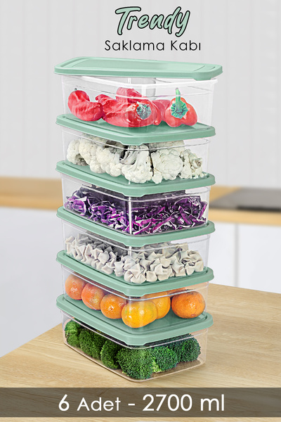 Meleni Home 2700ml Green Food Storage Organizer - 6 Pcs Rectangular Storage Containers, Microwavable