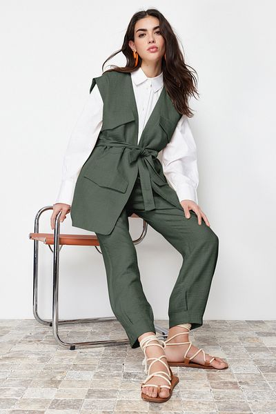 Trendyol Modest Khaki Linen Woven Vest and Trousers Set - Tctss24Us00023