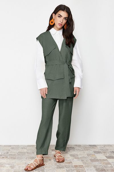Trendyol Modest Khaki Linen Woven Vest and Trousers Set - Tctss24Us00023