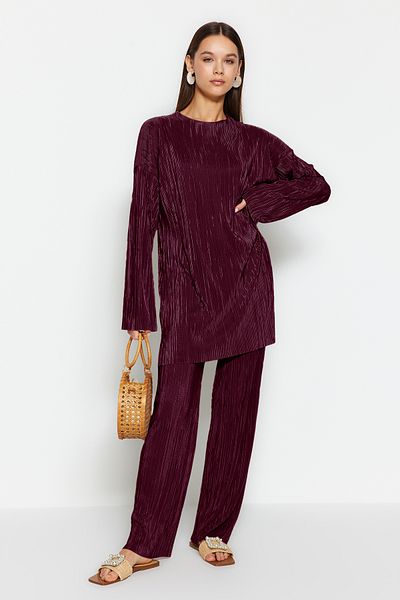 Trendyol Modest Burgundy Self Pleated Woven Bottom-Top Suit Tctss24Us00007
