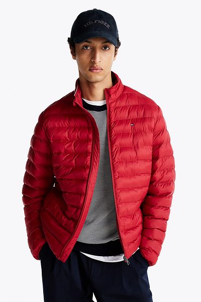 Tommy Hilfiger Men's Quilted Regular Fit Hooded Puffer Red Jacket Mw0Mw37634-Xit