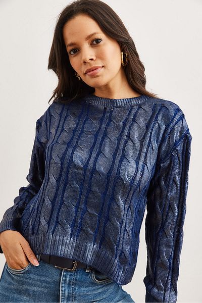 Olalook Marineblauer, geflochtener Metallpullover mit Rundhalsausschnitt für Damen KZK- 19000946