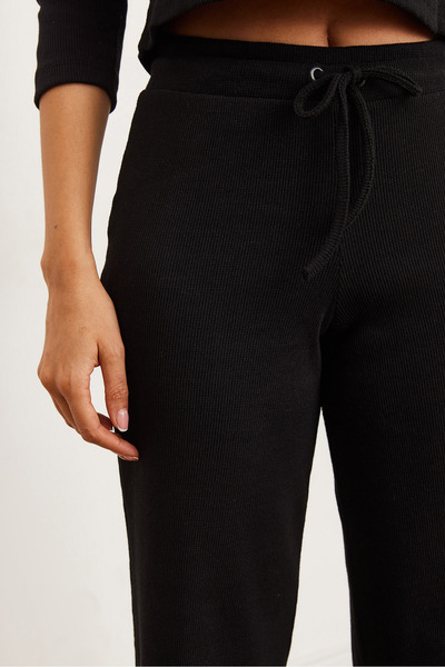 Olalook Women's Black Top Bat Blouse Bottom Lace up Pants Suit Tkm- 19000335