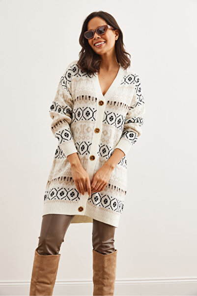 Olalook Women's Ecru Ethnic Patterned Oversize Knitwear Cardigan Hrk- 19000300