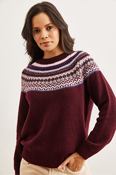 Olalook Women's Burgundy Collar Patterned Soft Textured Knitwear Sweater Kzk- 19000846