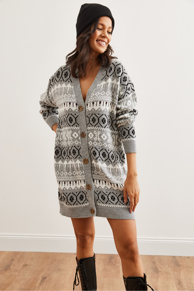 Olalook Women's Gray Ethnic Patterned Oversize Knitwear Cardigan Hrk- 19000300