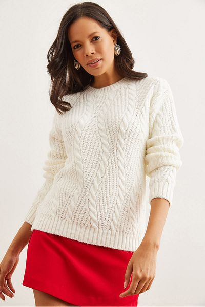 Olalook Ecru Braided Women's Knitwear Sweater - Kzk- 19000806