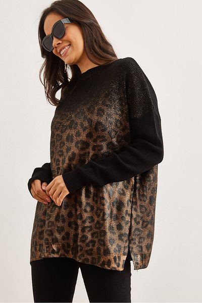 Olalook Schwarzer, teilweise metallischer Strickpullover mit Leopardenmuster für Damen KZK- 19000945