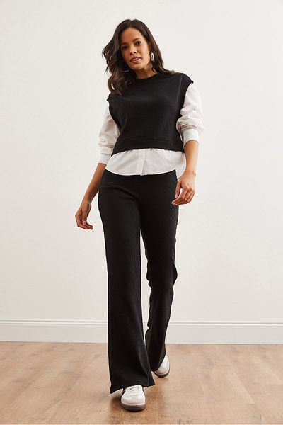 Olalook Women's Black Top Shirt Detail Blouse Bottom Spanish Leggings Suit Tkm- 19000334