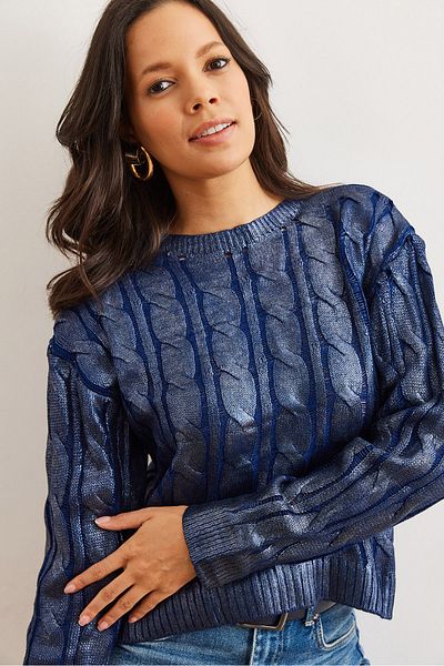 Olalook Marineblauer, geflochtener Metallpullover mit Rundhalsausschnitt für Damen KZK- 19000946