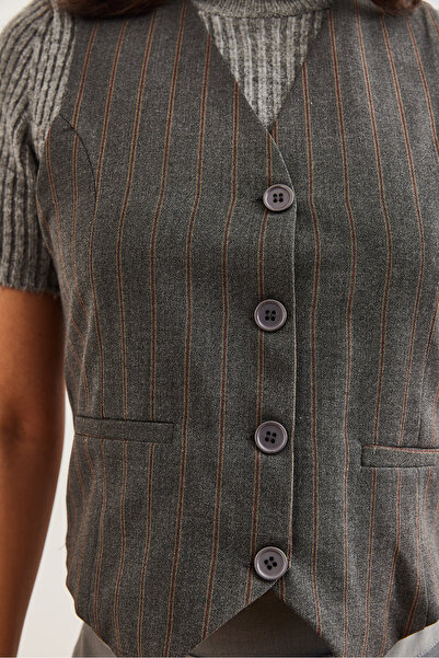 Olalook Women's Striped Gray Lined Fleto Pocket Woven Vest Ylk- 19000041