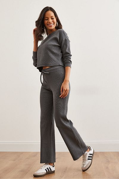 Olalook Women's Smoked Top Bat Blouse Bottom Lace up Pants Suit Tkm- 19000335
