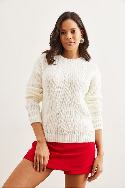 Olalook Ecru Braided Women's Knitwear Sweater - Kzk- 19000806