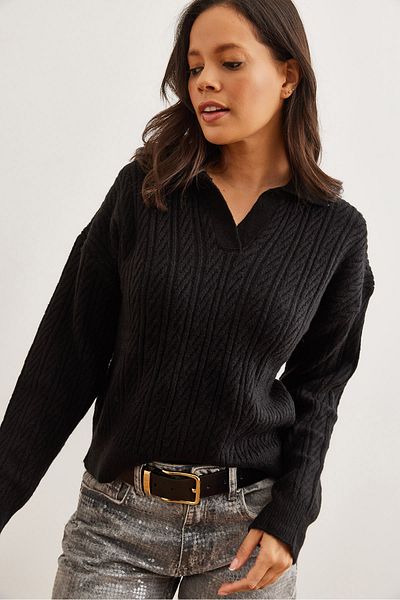 Olalook Pulover de damă negru cu gât polo împletit cu păr KZK- 19000881