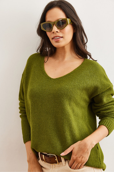 Olalook Women's Green V-Neck Soft Textured Knitwear Sweater Kzk- 19000598
