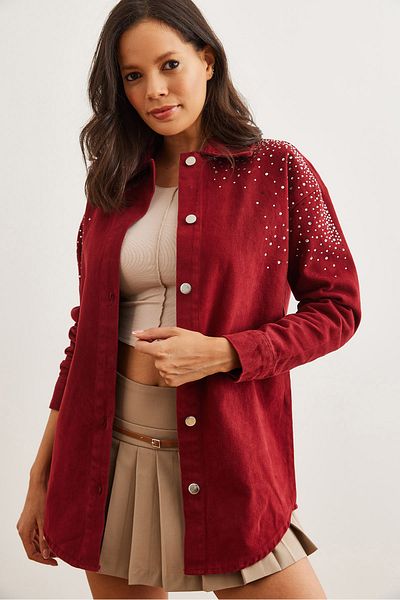 Olalook Cămașă de damă din bumbac gabardină cu paiete bordeaux GML- 19001270