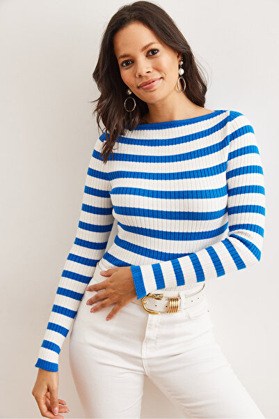 Olalook Saks Blau gestreifter Damen-Strickpullover mit U-Boot-Ausschnitt – sehr weiche Textur KZK- 19000942