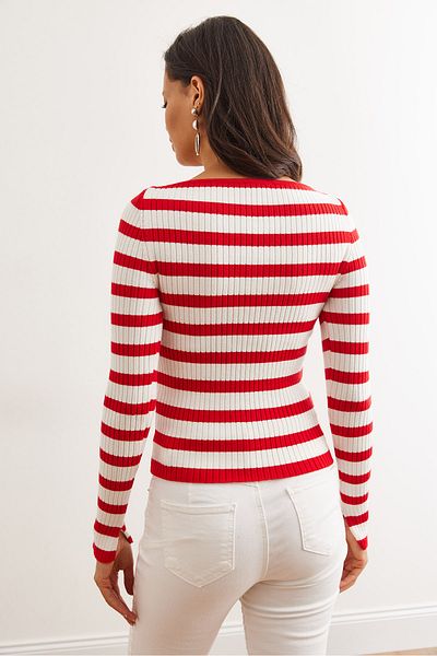 Olalook Women's Red Striped Very Soft Textured Boat Neck Knitwear Sweater Kzk- 19000942