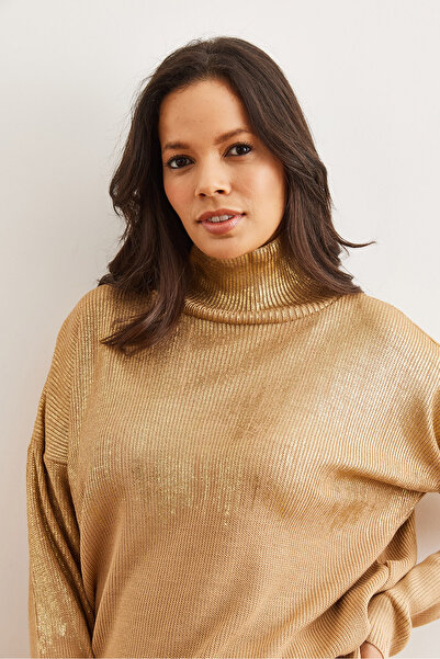 Olalook Pulover de damă, auriu, pe jumătate de pescar, cu detalii metalice, KZK- 19000726