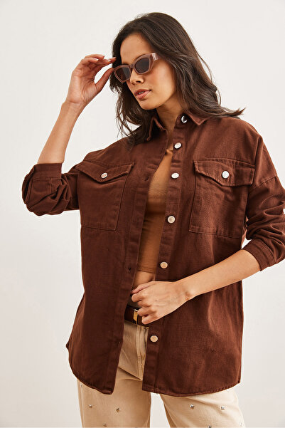 Olalook Women's Brown Double Pocket Cotton Gabardine Shirt Gml- 19001272