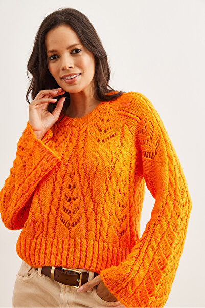 Olalook Kadın Turuncu Ajurlu Yumuşak Dokulu İspanyol Kol Kazak KZK-19000938