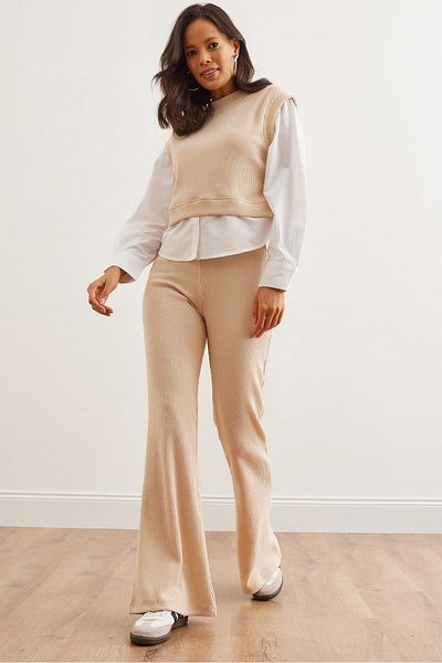 Olalook Women's Stone Top Shirt Detail Blouse Bottom Spanish Leggings Suit Tkm- 19000334