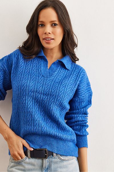 Olalook Women's Saks Blue Polo Neck Hair Braided Knitwear Sweater Kzk- 19000881