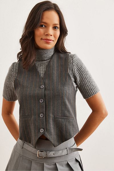 Olalook Women's Striped Gray Lined Fleto Pocket Woven Vest Ylk- 19000041
