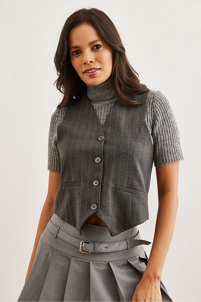 Olalook Women's Striped Gray Lined Fleto Pocket Woven Vest Ylk- 19000041