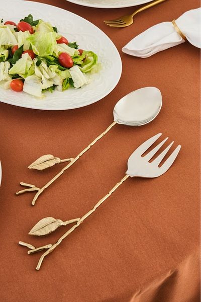 Karaca Home Leaf Gold Spoon and Fork Salad Serving Set