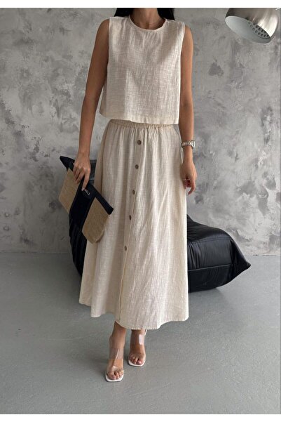 Ladyone Kadın Bisiklet Yaka Sıfır Kol Flamlı Pamuklu Crop Bluz