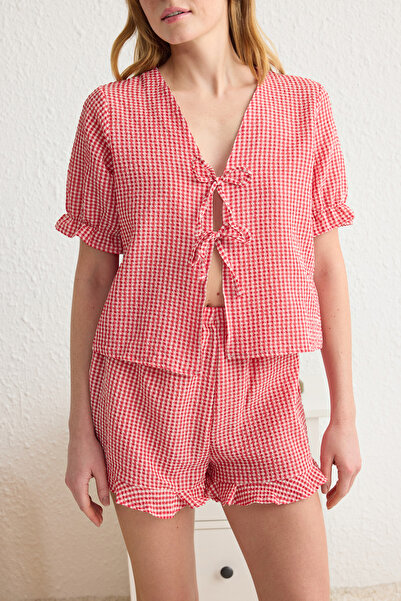 Trendyol Collection Red Textured Gingham Lacing/Ribbon/Bow Detail Woven Pajamas Set with Shorts Thmss24Pt00149