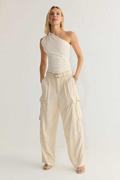 Trendyol Collection Single Sleeve Ecru Knitted Blouse - Draped Detail, Body-Fitting, Drawstring Twoss25Bz00021