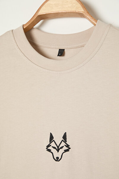 Trendyol Collection Μπλουζάκι με κέντημα Wolf Regular Cut Stone - 100% βαμβάκι TMNSS24TS00056