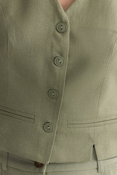 Trendyol Collection Light Khaki Fitted Linen Look V-Neck Crop Woven Vest Twoss25Ye00028