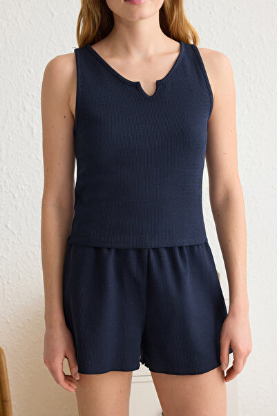 Trendyol Collection Navy Plain Waffle Knitted Pajamas Set Thmss25Pt00113